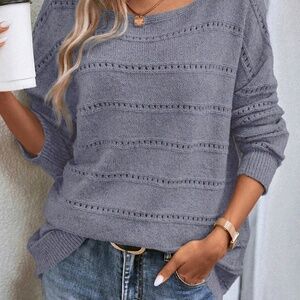 B179 Light Grey Boat Neck Drop Shoulder Pointelle Knit Sweater